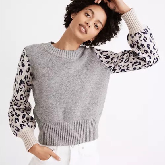 Madewell Sweaters - Madewell Tensley leopard-sleeve pullover cotton wool gray sweater Size Small NWT